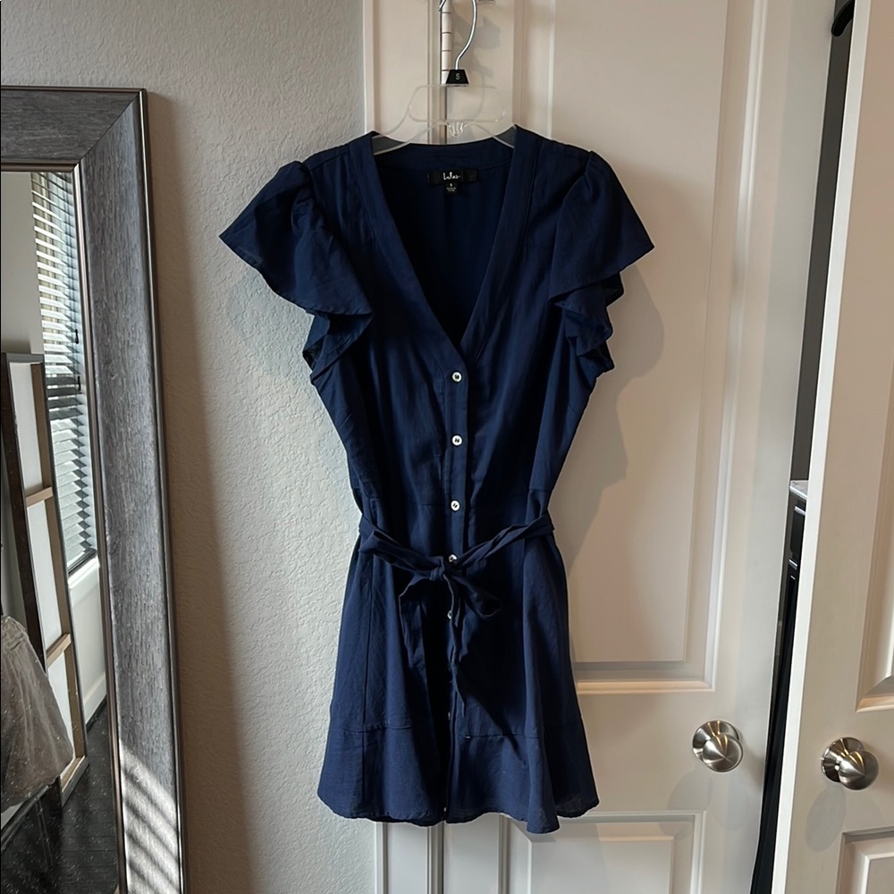 Navy Blue Button-Down Dress with Ruffle Sleeves
